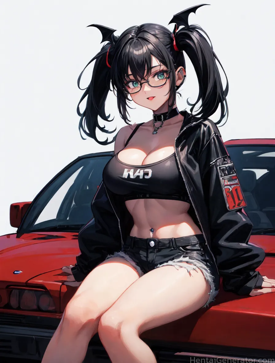  1girl bangs bat wings black-framed eyewear black choker black hair black jacket breasts choker cleavage clothes writing collarbone cutoffs demon wing