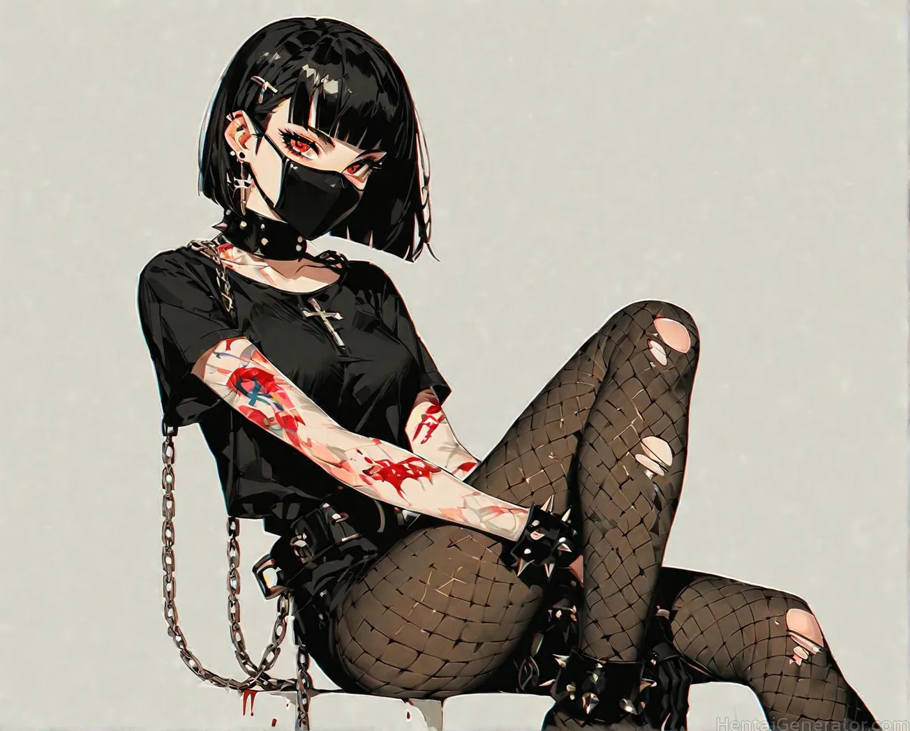  1girl bangs bdsm black hair bleeding blood blood on clothes blood on face blunt bangs breasts bruise chain collar covered mouth cross earrings cuffs 