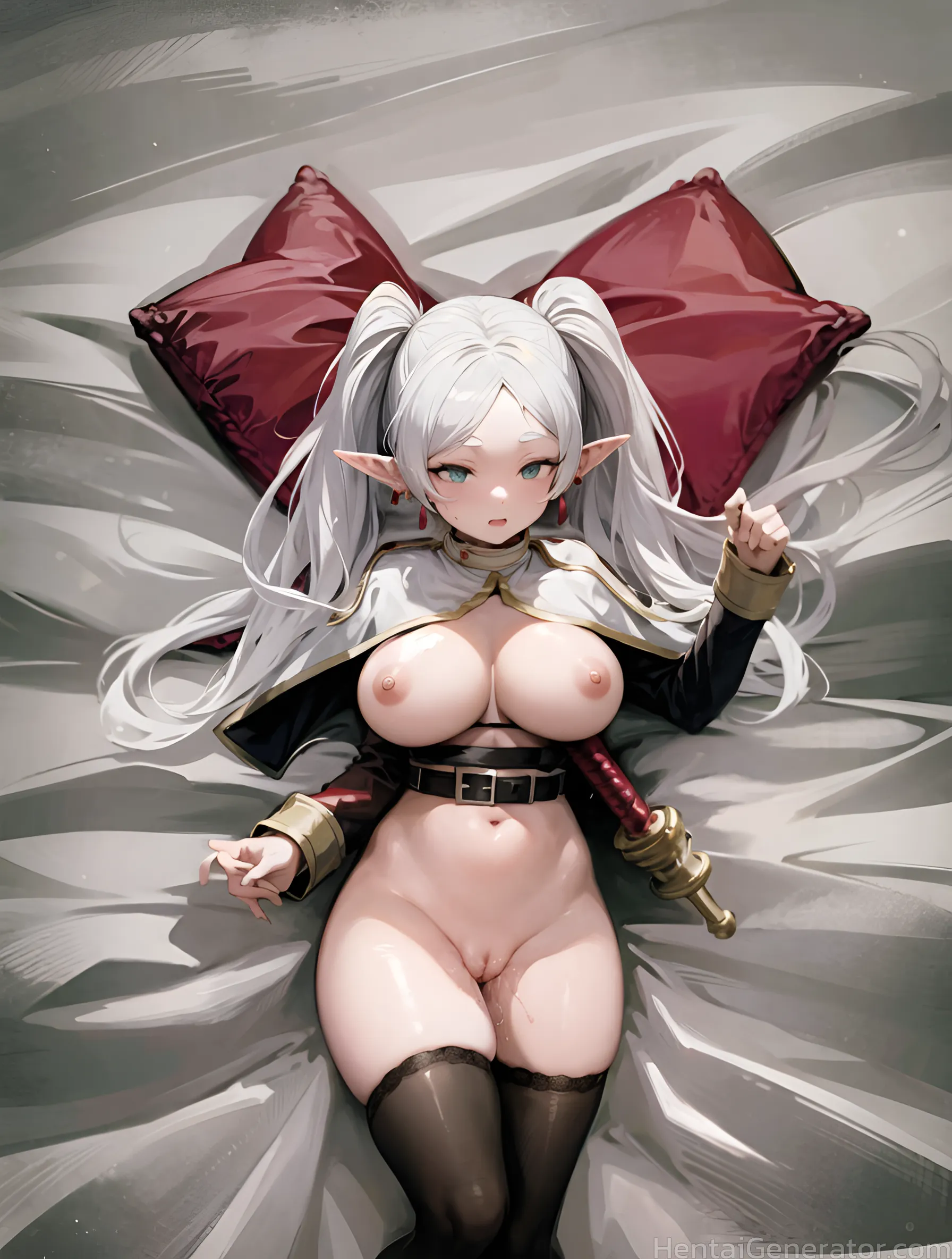  1girl bangs bed bed sheet belt black legwear blue eyes blush breasts cape earrings elf jewelry large breasts long hair long sleeves looking at viewer