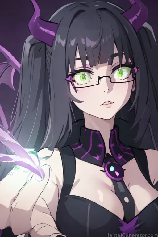  1girl bangs bespectacled black hair breasts cleavage demon girl demon horns demon wings glasses green eyes horns long hair looking at viewer parted l