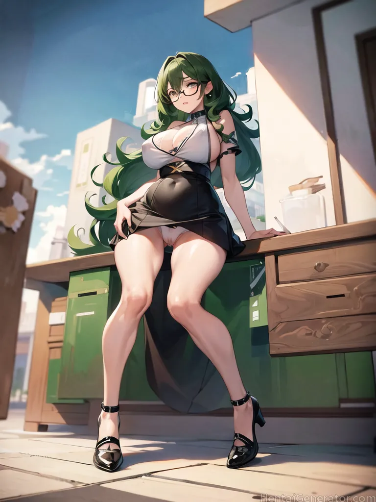  1girl bangs black-framed eyewear black footwear bra visible through clothes breasts female pubic hair glasses green hair high heels large breasts lon