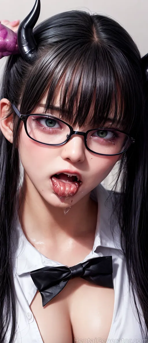  1girl bangs black-framed eyewear black hair bow breasts cleavage glasses long hair looking at viewer open mouth saliva shirt solo tongue tongue out t