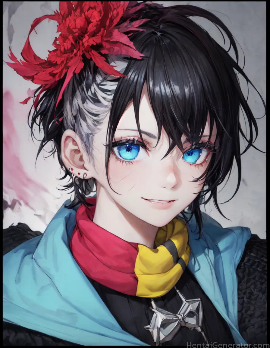  1girl bangs black border black hair blue eyes blue scarf border ear piercing earrings flower hair flower hair ornament jewelry letterboxed looking at