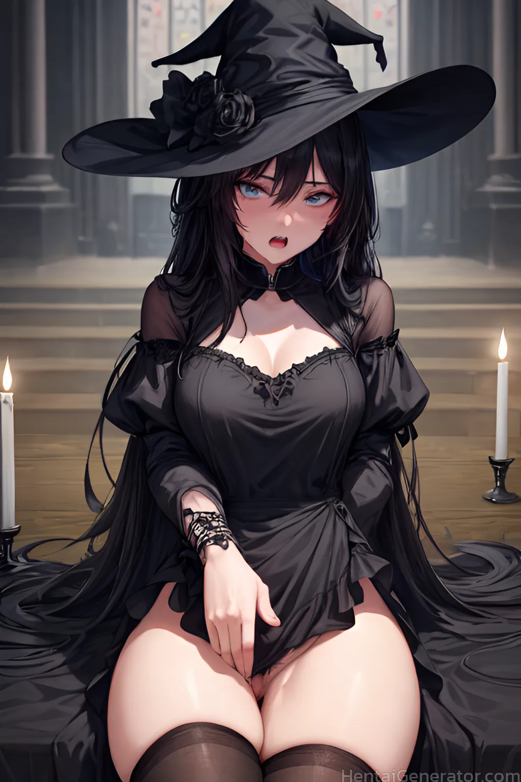  1girl bangs black dress black hair black headwear black legwear blue eyes breasts candle cleavage dress flower hair between eyes hat hat flower knife