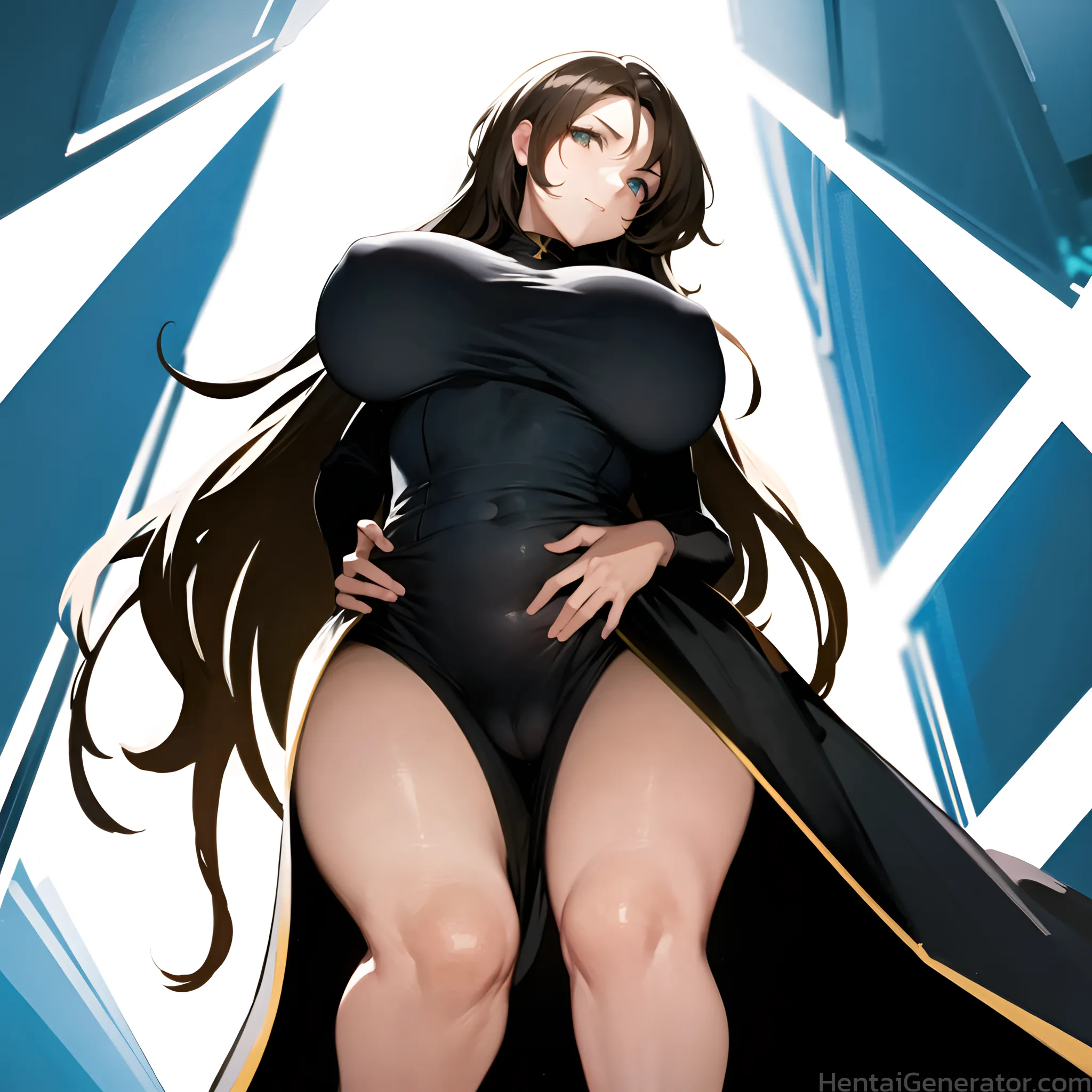  1girl bangs black dress black hair blue eyes breasts closed mouth covered navel covered nipples dress from below hands on hips large breasts long hai