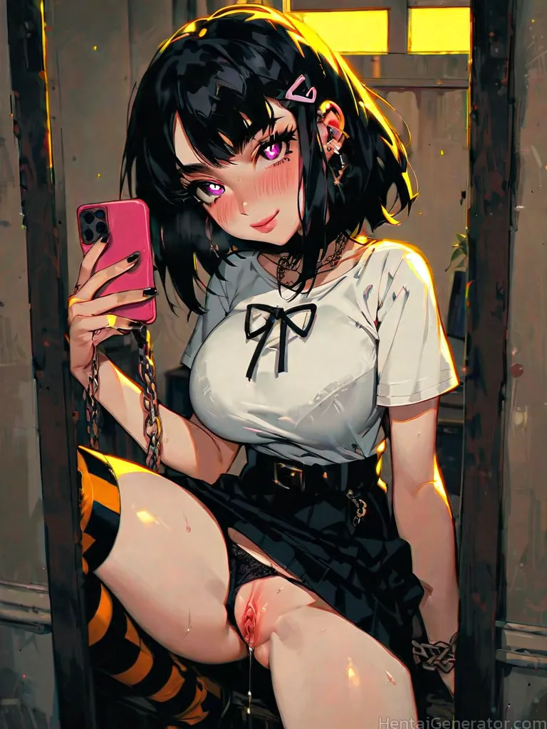  1girl bangs black hair black panties black ribbon black skirt blush bra breasts cellphone chain clothing aside crotchless panties ear piercing earrin