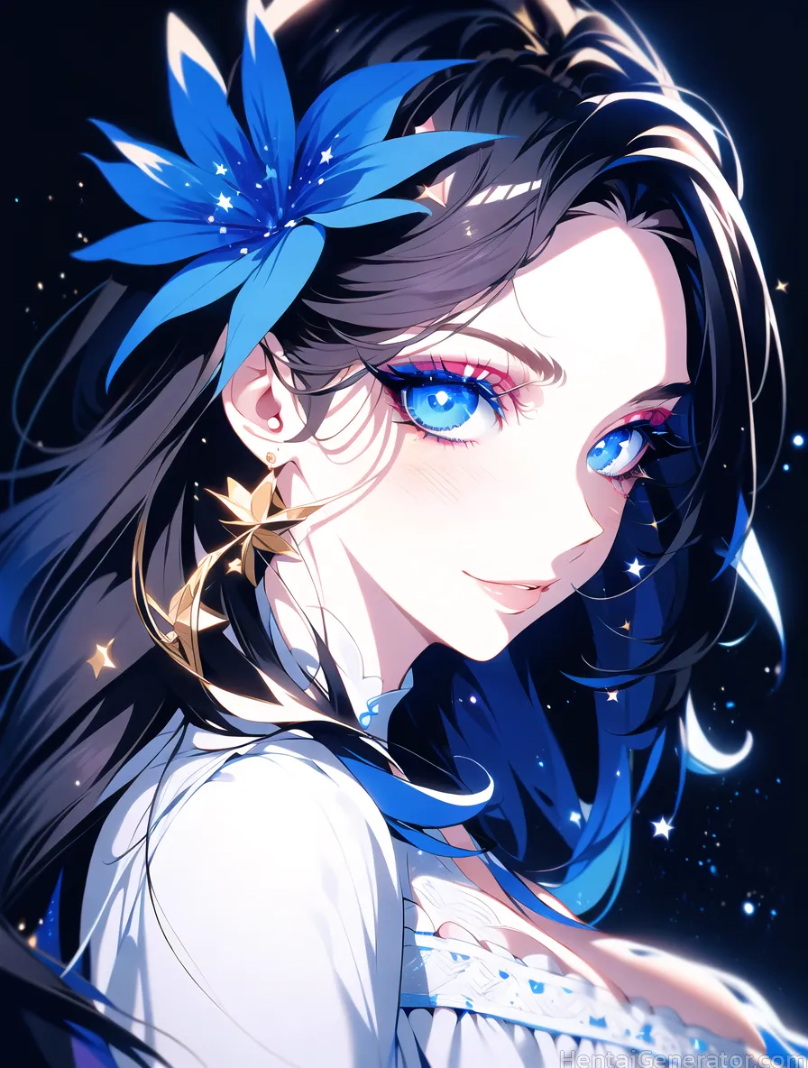  1girl bangs black hair blue bow blue eyes blue flower constellation earrings flower hair flower hair ornament jewelry light particles long hair looki