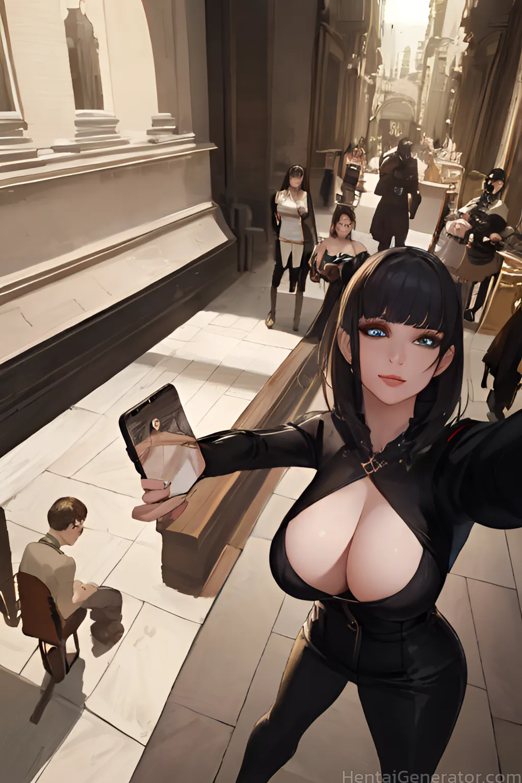  1girl bangs black hair blue eyes blunt bangs breasts cellphone cleavage gun handgun holding holding phone large breasts long hair phone pov selfie sm