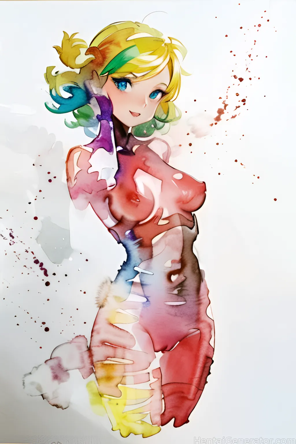  1girl bangs blonde hair blood blood splatter blue eyes breasts gradient gradient background green hair looking at viewer medium breasts nipples open 