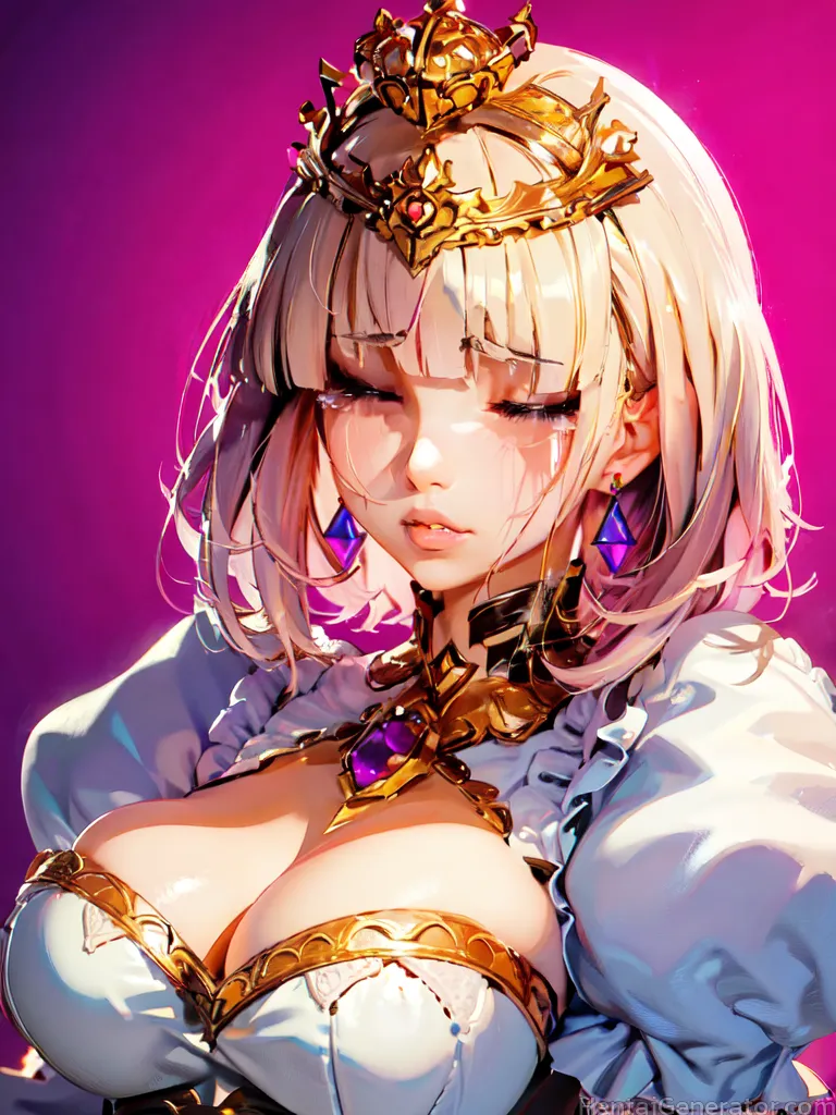  1girl bangs blonde hair blunt bangs breasts cleavage closed eyes crown earrings eyebrows visible through hair gem gradient gradient background jewelr