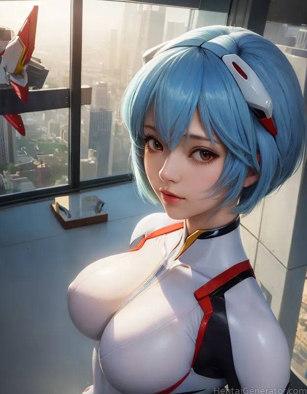  1girl bangs blue hair bodysuit breasts covered nipples hair between eyes headgear interface headset large breasts lips looking at viewer nose pilot s