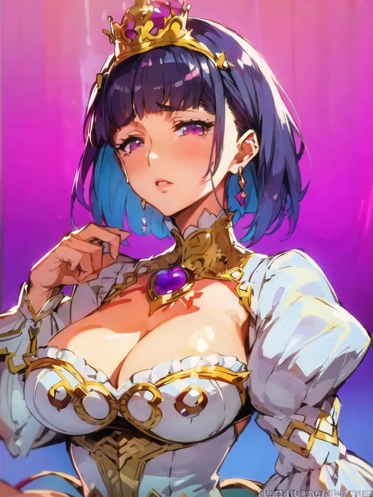  1girl bangs blunt bangs blush breasts cleavage earrings gradient gradient background jewelry juliet sleeves large breasts long sleeves looking at vie