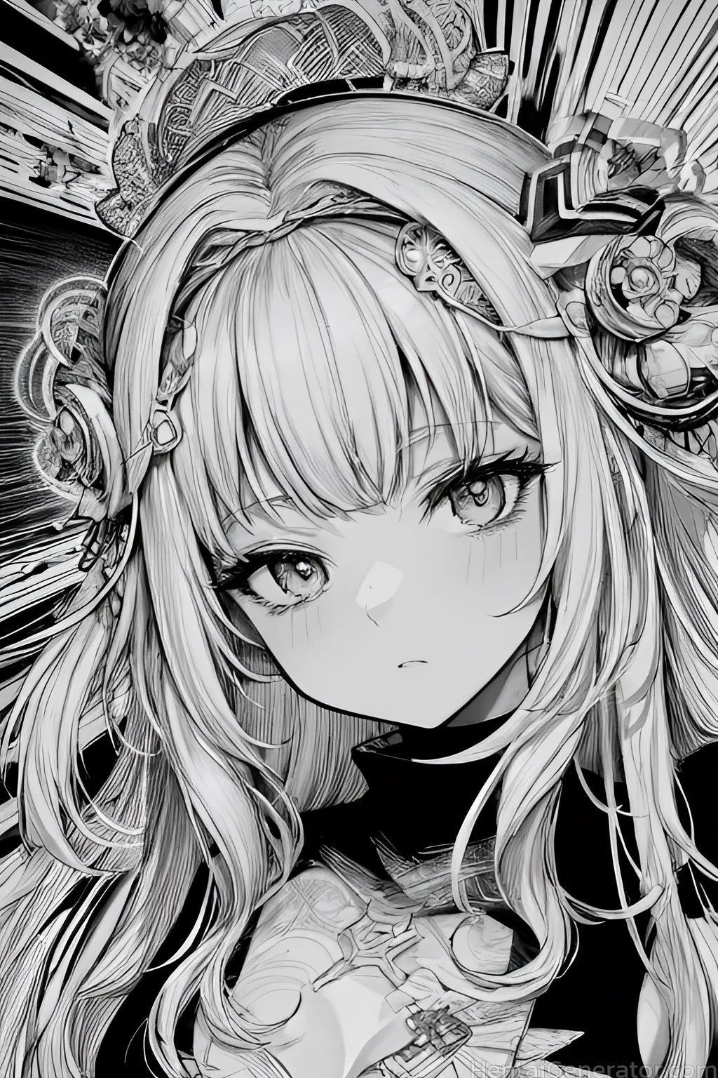  1girl bangs blush closed mouth double bun eyebrows visible through hair greyscale hair ornament long hair looking at viewer monochrome solo sfw  