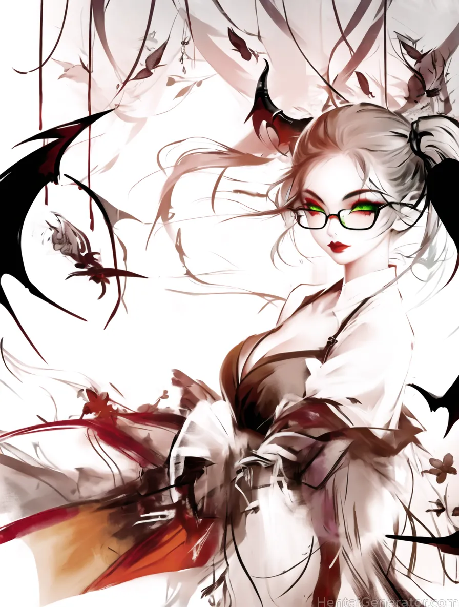  1girl bare shoulders bare tree bat bat wings blood breasts cleavage demon girl demon tail demon wings glasses green eyes halloween medium breasts off