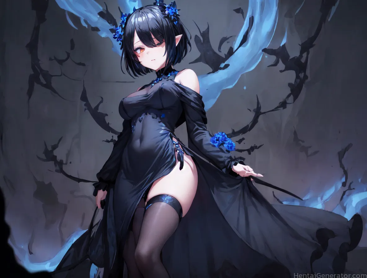  1girl bare shoulders bare tree bat black dress black hair blue flower blue rose breasts clothing cutout covered navel dress flower horns long sleeves