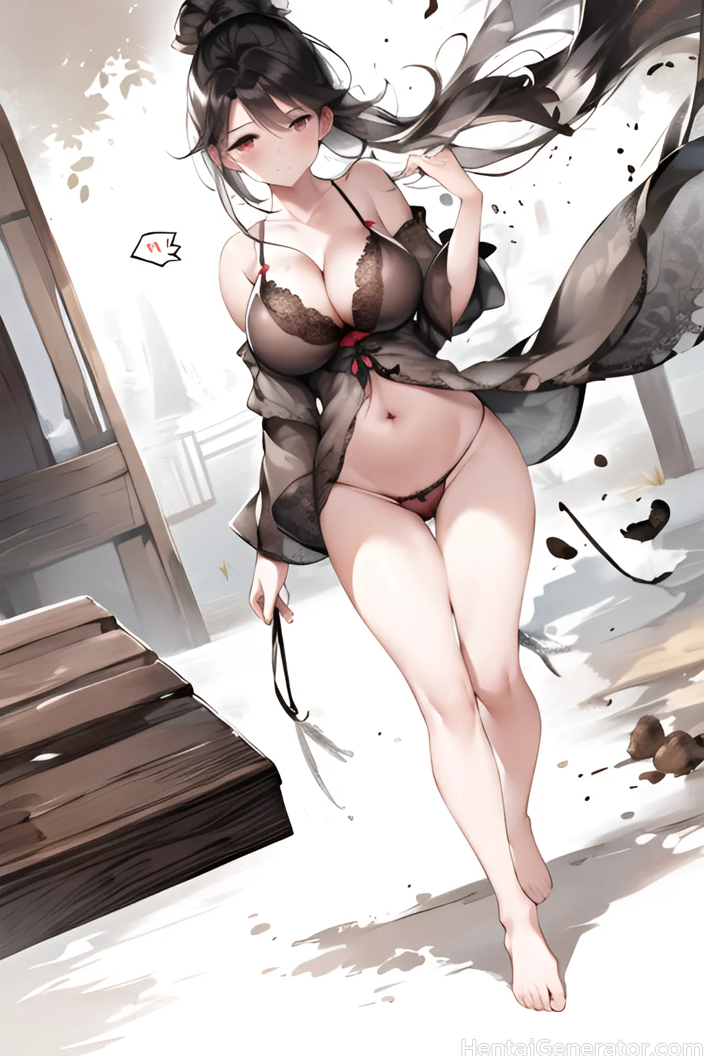  1girl bare shoulders barefoot black hair blush bra breasts cleavage collarbone full body holding large breasts long hair looking at viewer navel open