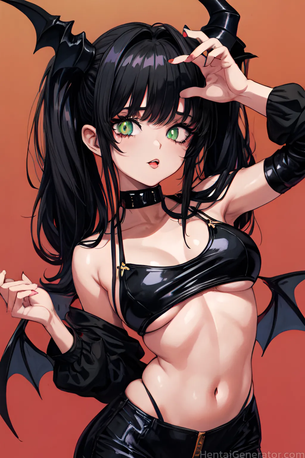  1girl bare shoulders bat bat ears bat hair ornament bat wings black bikini black hair black nails black shorts black wings breasts choker collarbone 