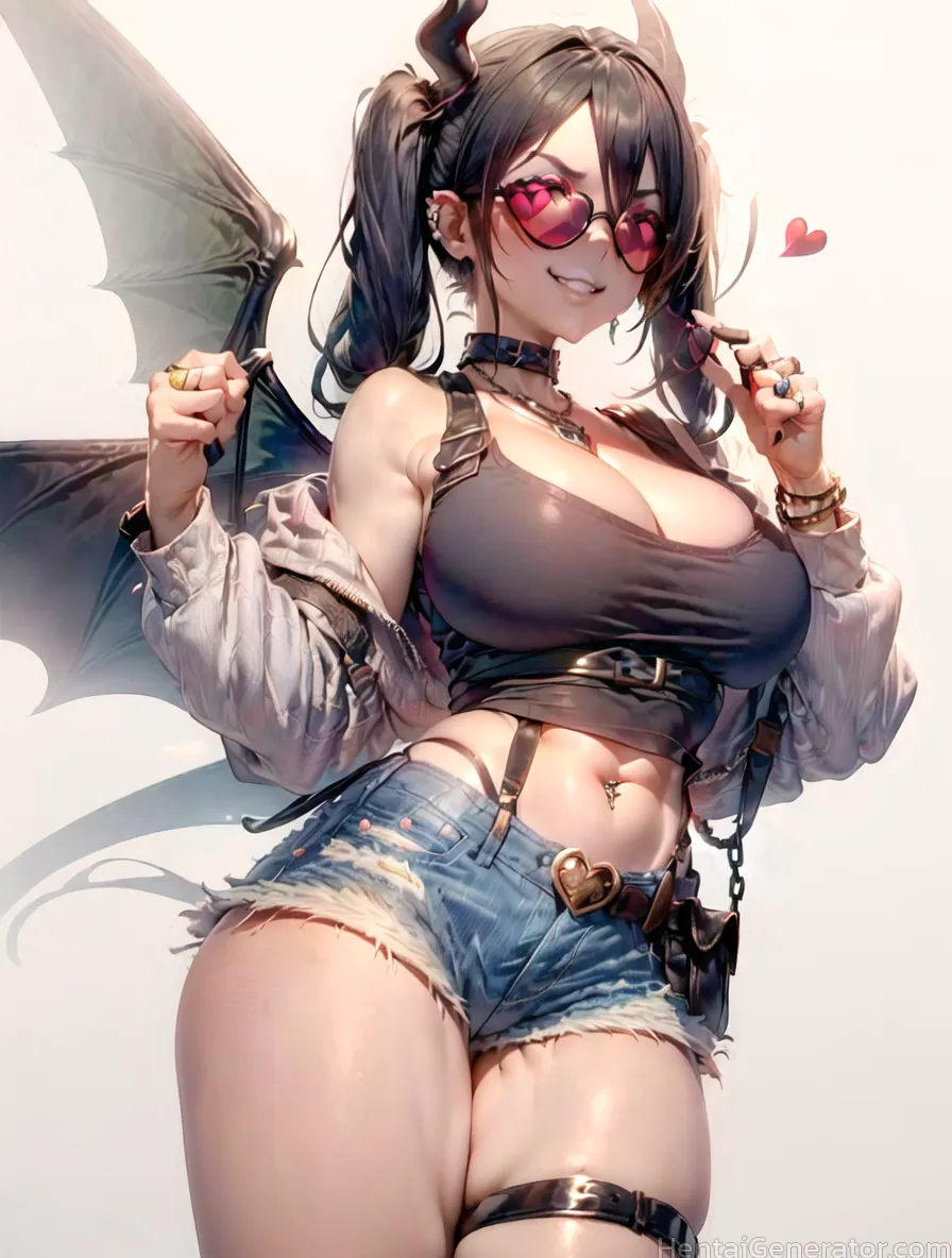  1girl bare shoulders bat ears bat wings black hair black nails black wings blue shorts blue wings breasts chain choker cleavage cowboy shot demon gir