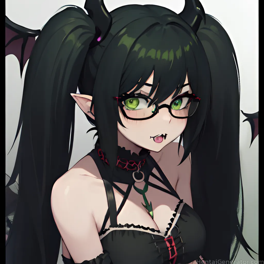  1girl bare shoulders bat wings bespectacled black-framed eyewear breasts cleavage demon girl demon tail demon wings glasses green eyes head wings let