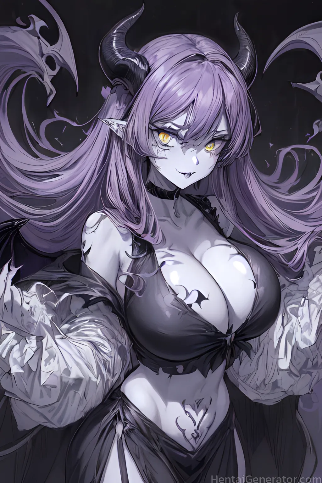  1girl bare shoulders bat wings blue skin breasts cleavage colored skin demon girl demon horns demon tail demon wings heart tattoo horns large breasts