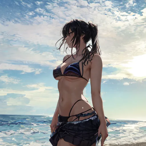  1girl bare shoulders beach bikini black hair boat breasts brown eyes caustics cleavage cloud cloudy sky cowboy shot day dock earth  footprints halter