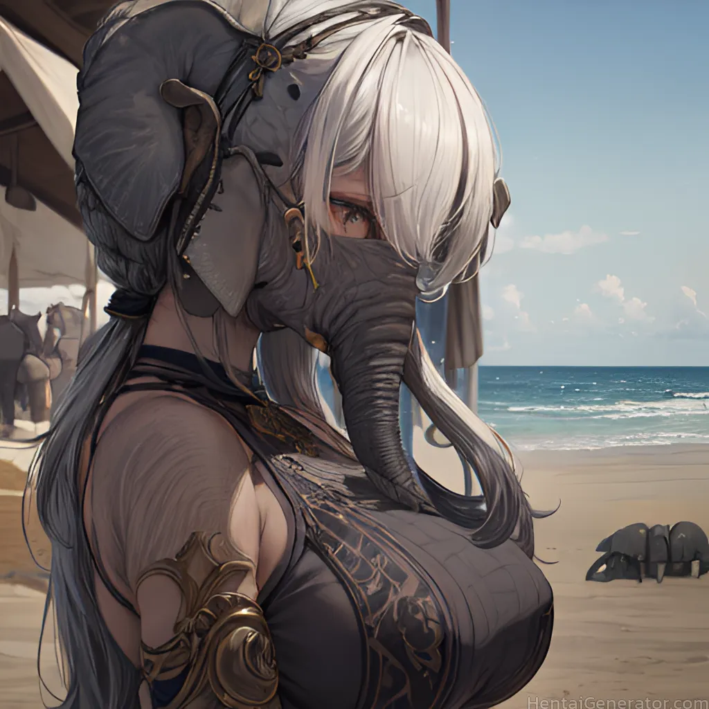  1girl bare shoulders beach breasts day horizon jewelry large breasts long hair looking at viewer mask mouth mask mouth veil ocean outdoors sand shore