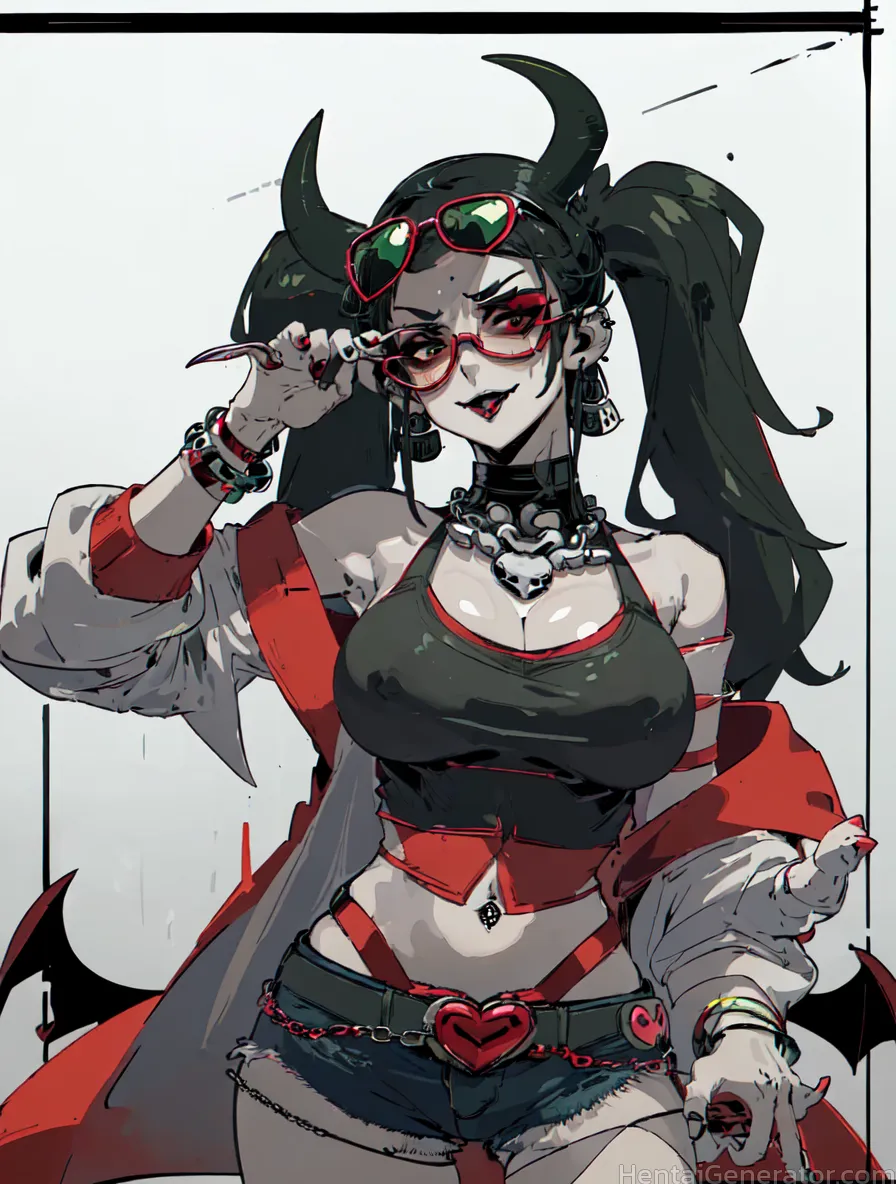  1girl bare shoulders belt black hair black nails bracelet breasts chain cleavage covered nipples demon girl demon horns demon tail demon wings earrin