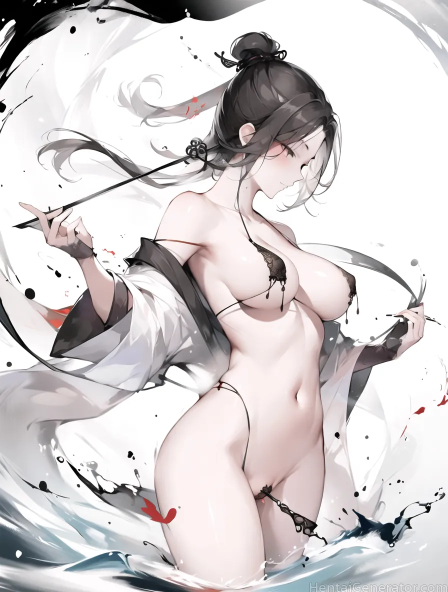  1girl bare shoulders bikini black hair blood blush bra breasts collarbone female pubic hair japanese clothes long hair micro bikini mole navel off sh