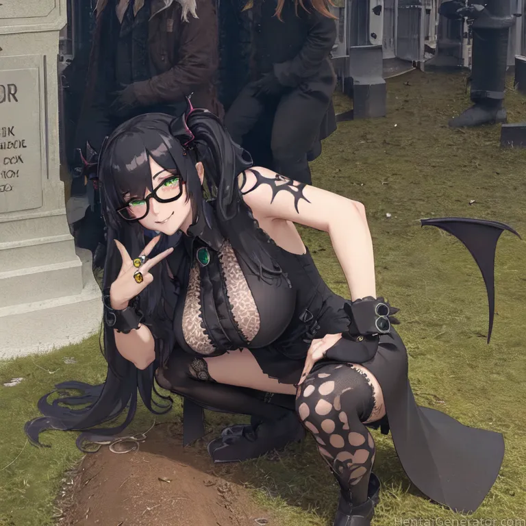  1girl bare shoulders black-framed eyewear black hair breasts demon girl demon wings earrings glasses grass green eyes hand on hip horns jewelry large