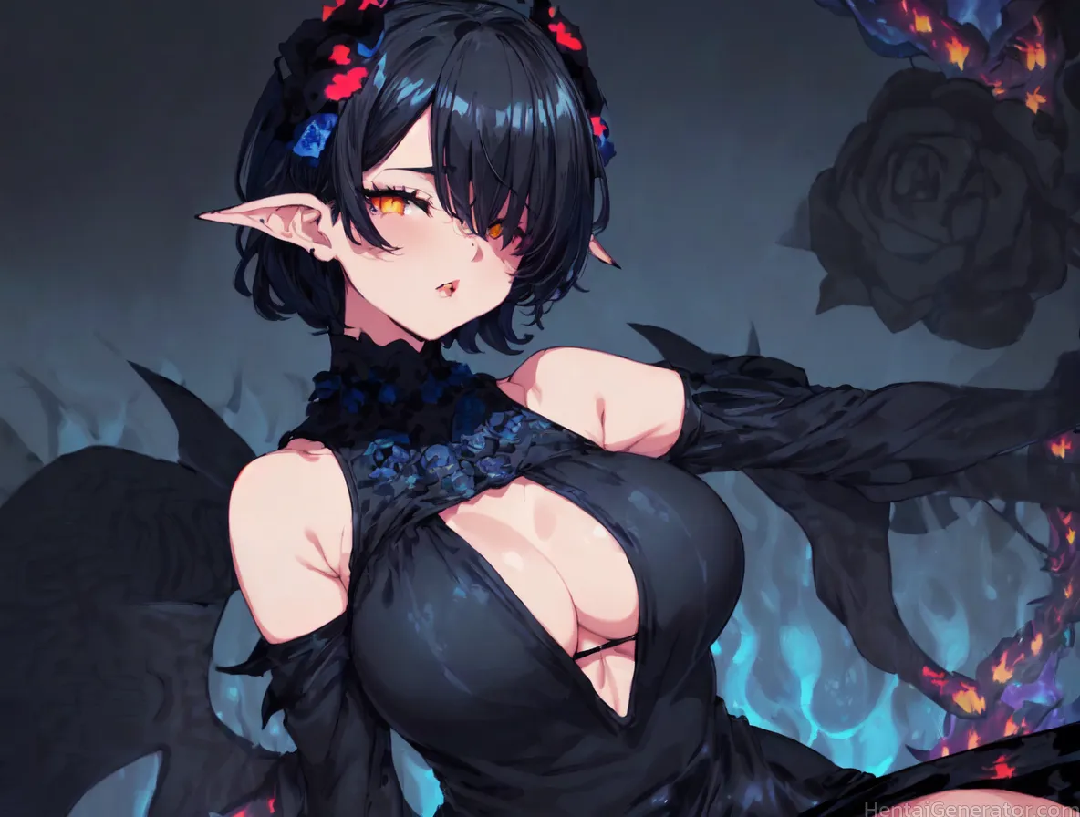  1girl bare shoulders black dress black flower black hair black rose blue rose breasts cleavage cleavage cutout clothing cutout demon girl demon horns