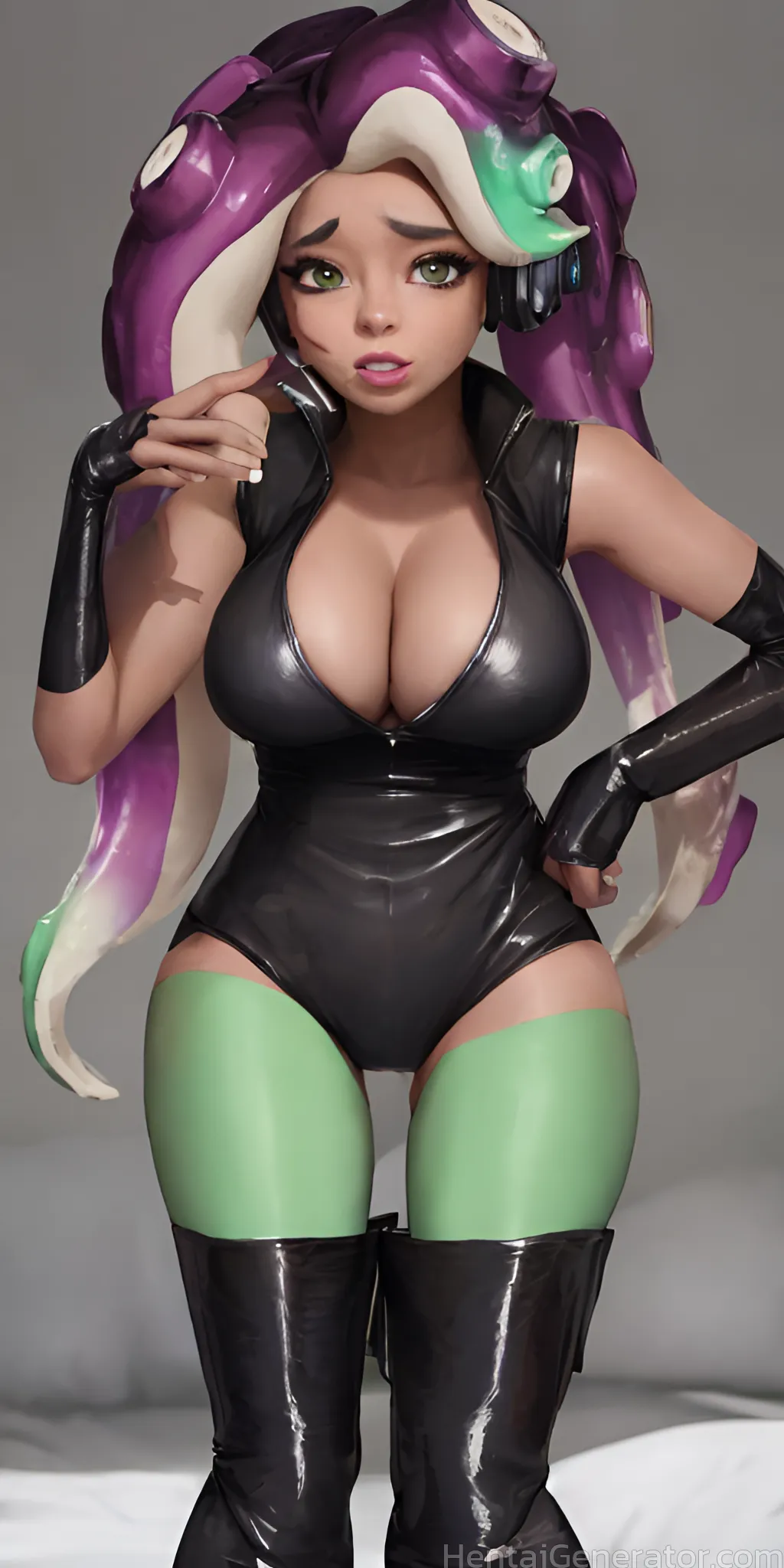  1girl bare shoulders black footwear boots breasts cleavage collarbone dark-skinned female dark skin fingerless gloves gloves green eyes green hair ha