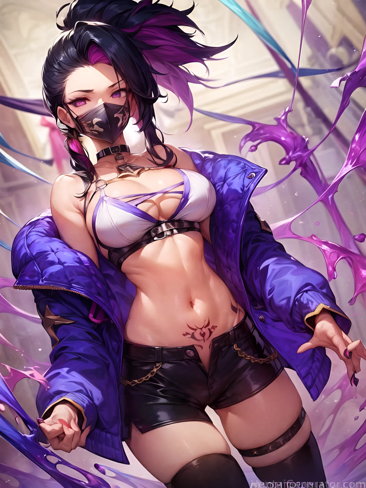  1girl bare shoulders black hair black legwear black nails breasts cleavage collarbone jacket kda  large breasts looking at viewer mask mouth mask nai