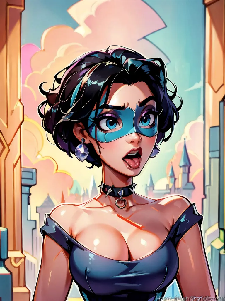  1girl bare shoulders black hair blue eyes breasts choker cleavage collarbone earrings jewelry large breasts looking at viewer mask off-shoulder shirt