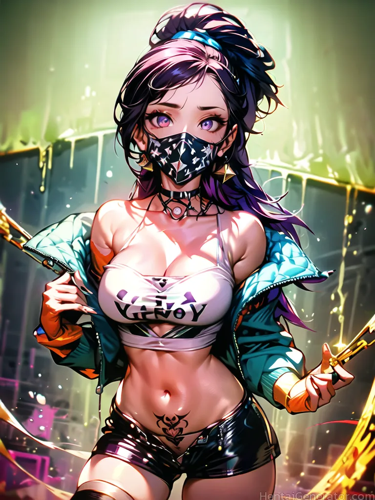  1girl bare shoulders black hair body writing breast tattoo breasts choker cleavage clothes writing collarbone covered mouth earrings heart tattoo jac