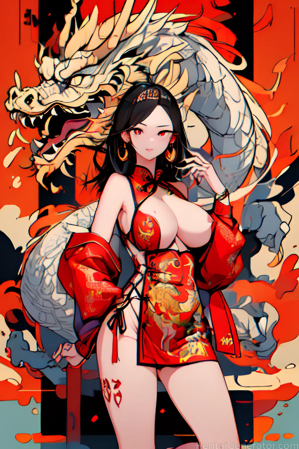  1girl bare shoulders black hair breasts burning china dress chinese clothes cleavage dragon dress earrings embers explosion fire flame jewelry long h