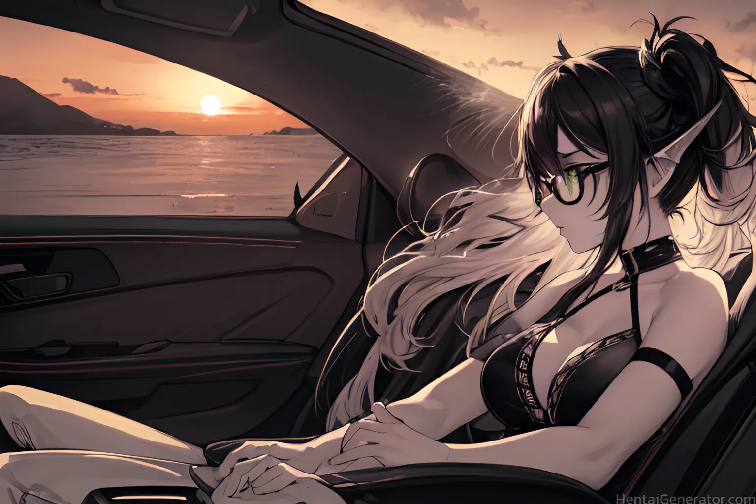  1girl bare shoulders black hair breasts car car interior cleavage cloud cloudy sky dusk evening glasses gradient sky green eyes ground vehicle horizo