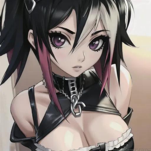  1girl bare shoulders black hair breasts chain cleavage collar hair between eyes large breasts looking at viewer multicolored hair purple eyes solo up