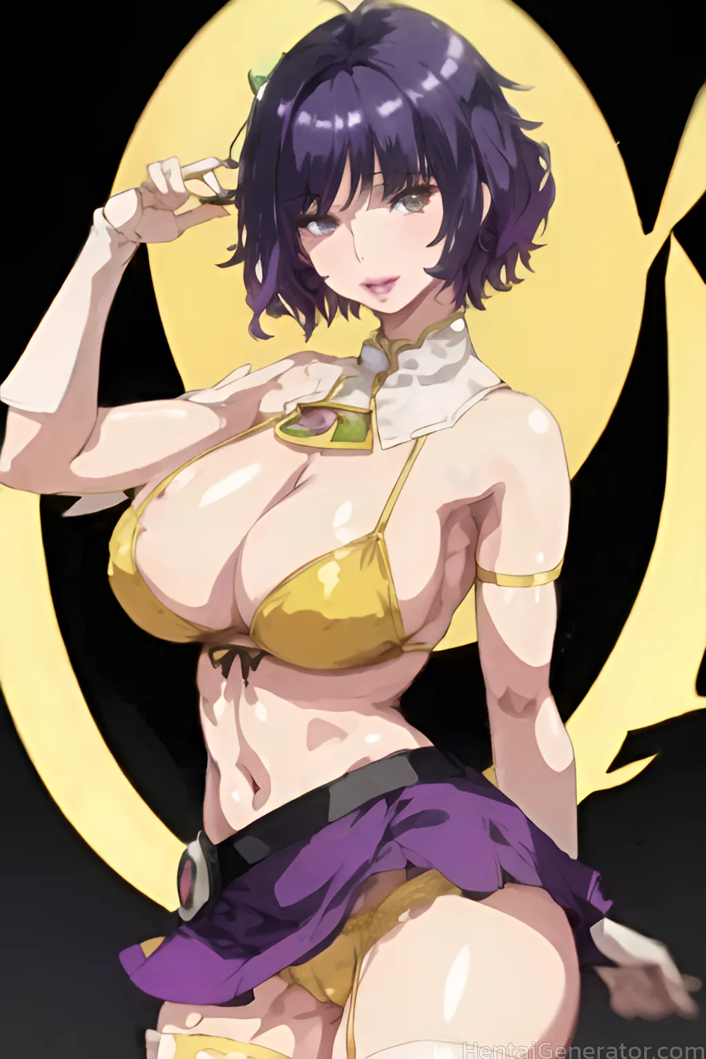  1girl bare shoulders black hair breasts cleavage cowboy shot crescent moon full moon large breasts looking at viewer moon navel short hair skirt solo