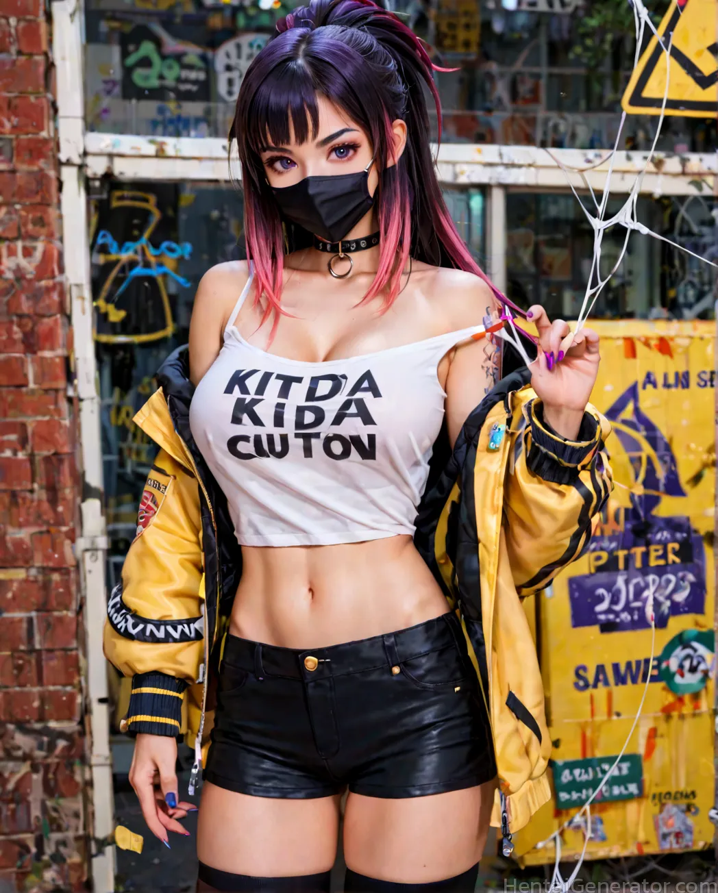  1girl bare shoulders black legwear black nails blue nails blurry blurry background blurry foreground breasts brick wall building caution tape chain-l