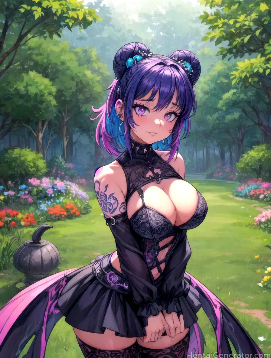  1girl bare shoulders black legwear breasts bush cleavage clothing cutout day detached sleeves double bun earrings field flower foliage forest garden 