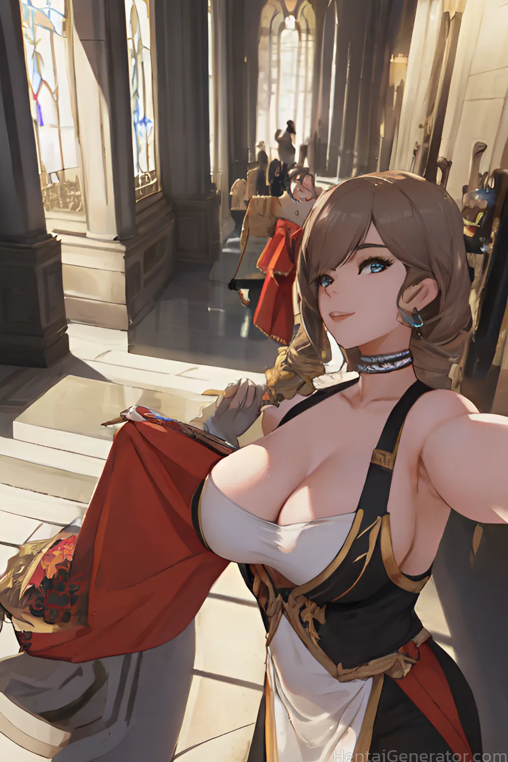  1girl bare shoulders blue eyes breasts brown hair choker cleavage dress earrings jewelry large breasts looking at viewer reaching out selfie short ha