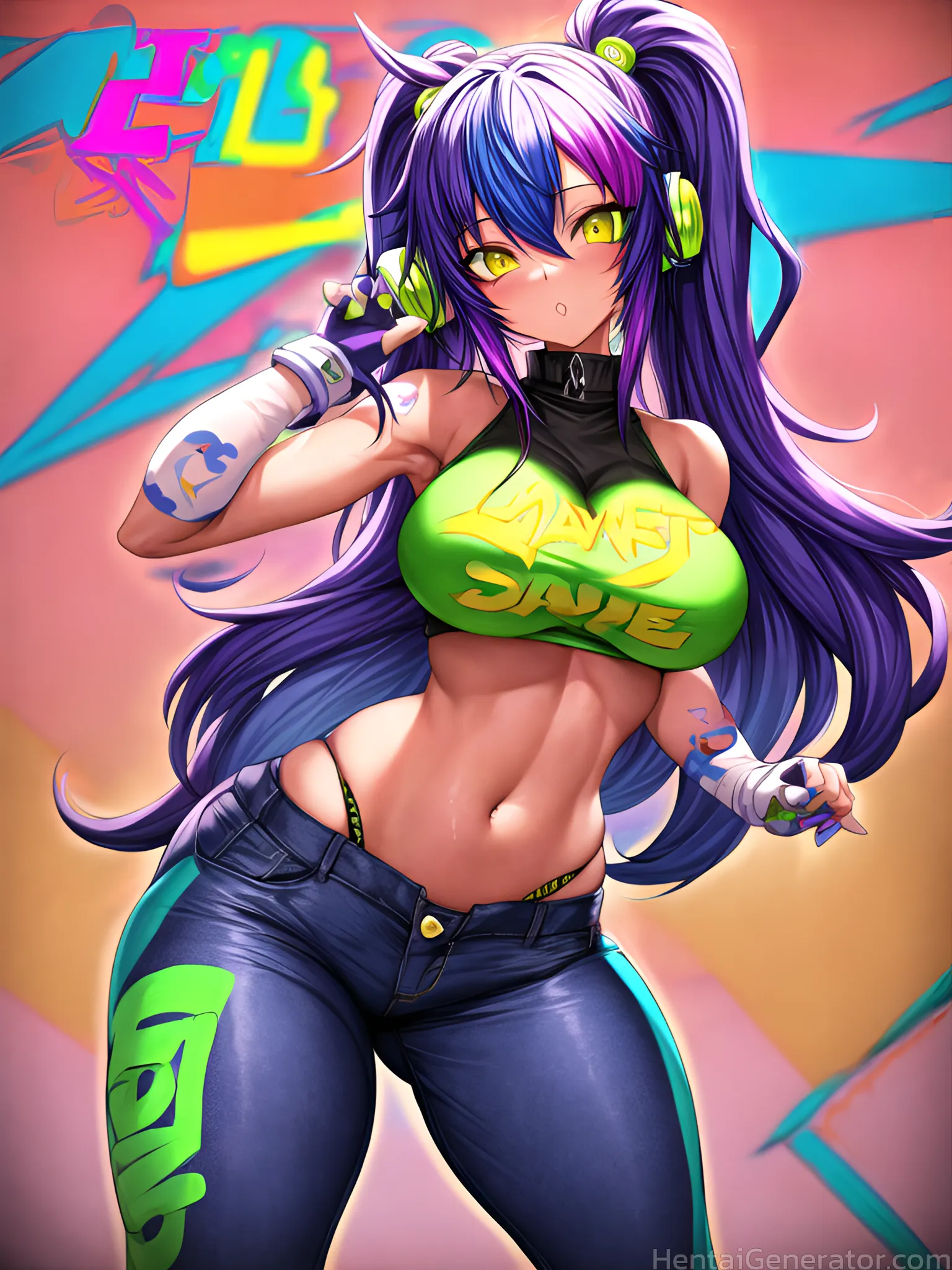  1girl bare shoulders blue hair blush breasts clothes writing crop top denim eyebrows visible through hair gloves green panties hair between eyes high