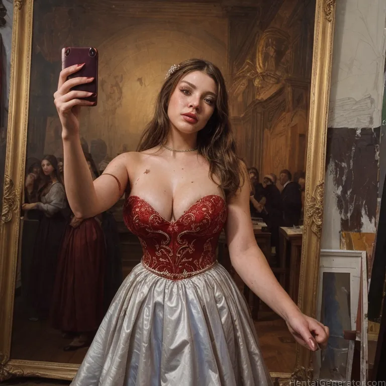  1girl bare shoulders breasts cellphone cellphone picture cleavage dress female pov flower hair flower holding holding phone iphone jewelry large brea