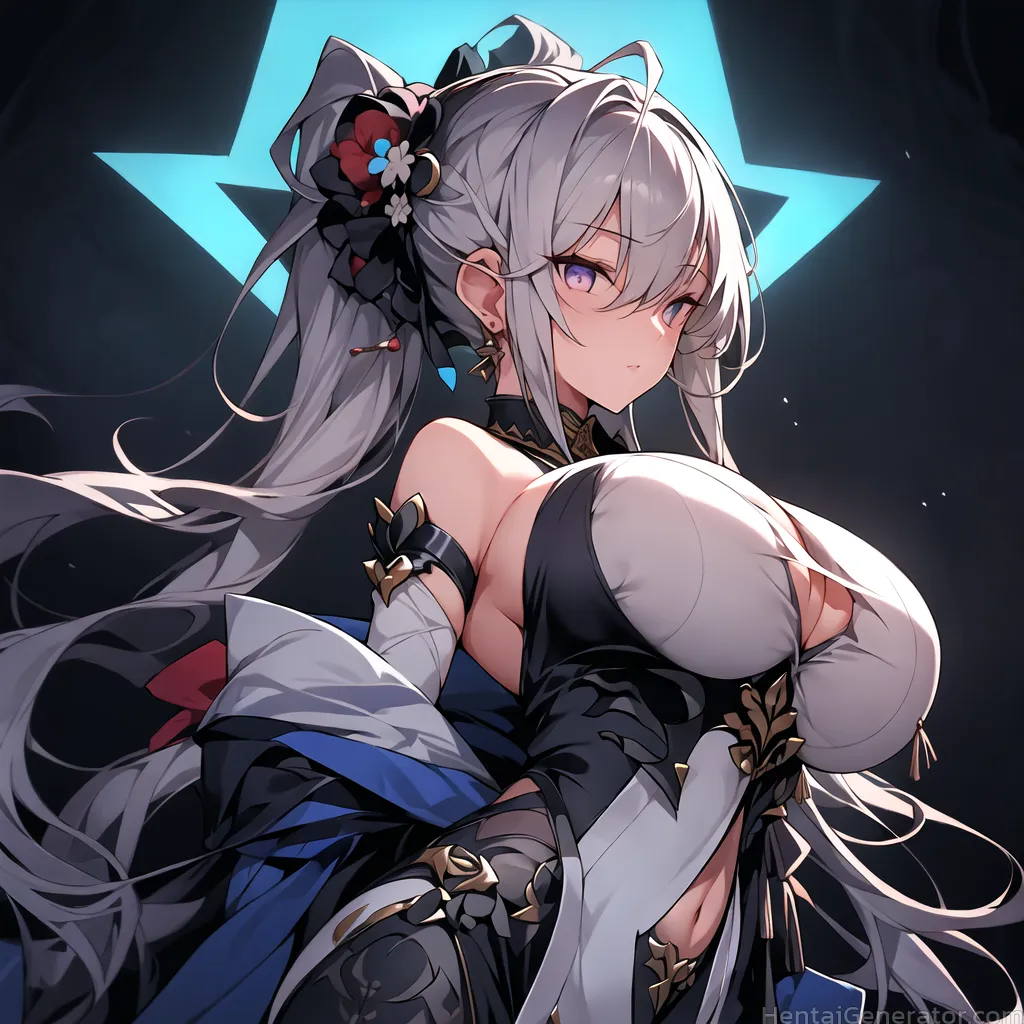  1girl bare shoulders breasts cleavage earrings floating hair hair ornament jewelry large breasts long hair looking at viewer navel purple eyes solo v