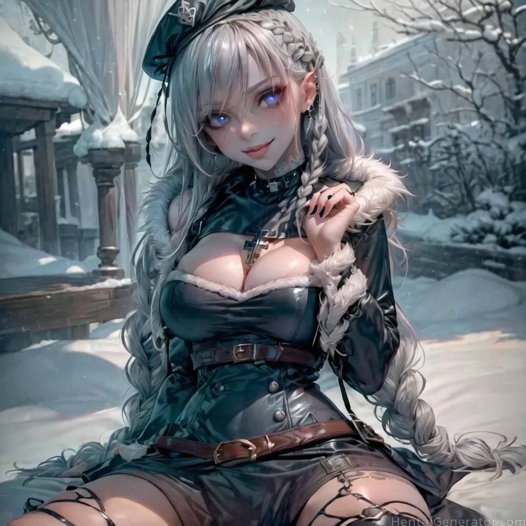  1girl bare tree belt blue eyes blurry blurry background braid braided ponytail branch breasts building cleavage earrings fur-trimmed boots fur trim g