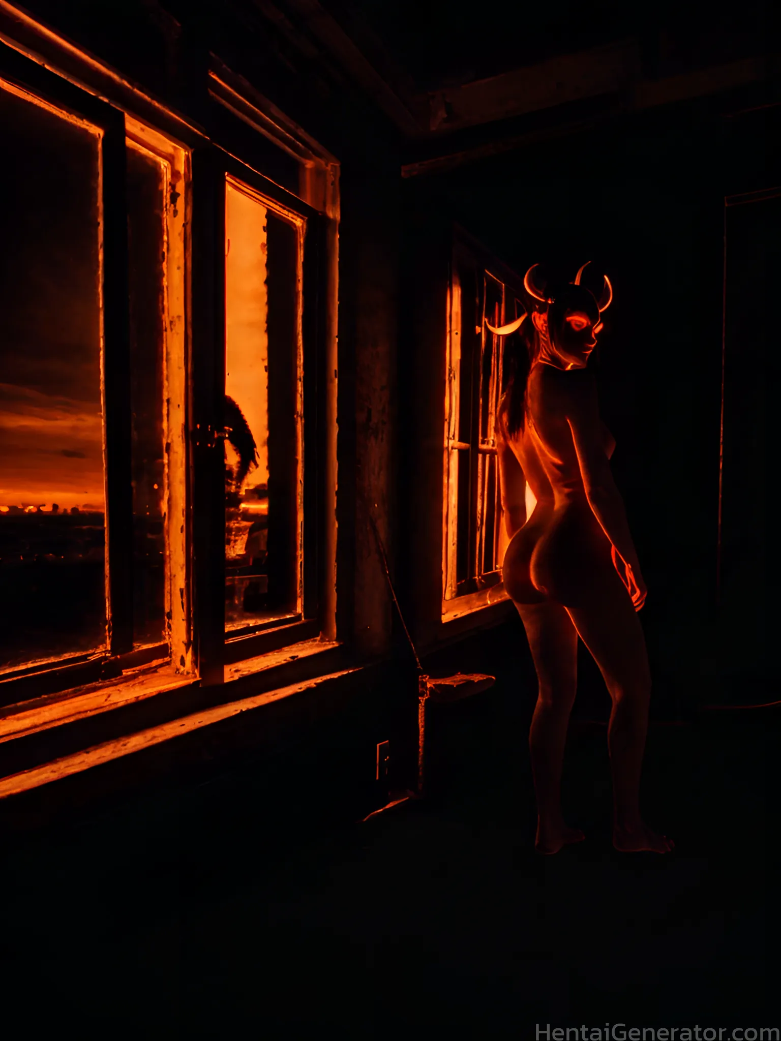  1girl barefoot burning fire flame glowing glowing eyes long hair nude orange sky red eyes red sky red theme solo standing sunset sfw  