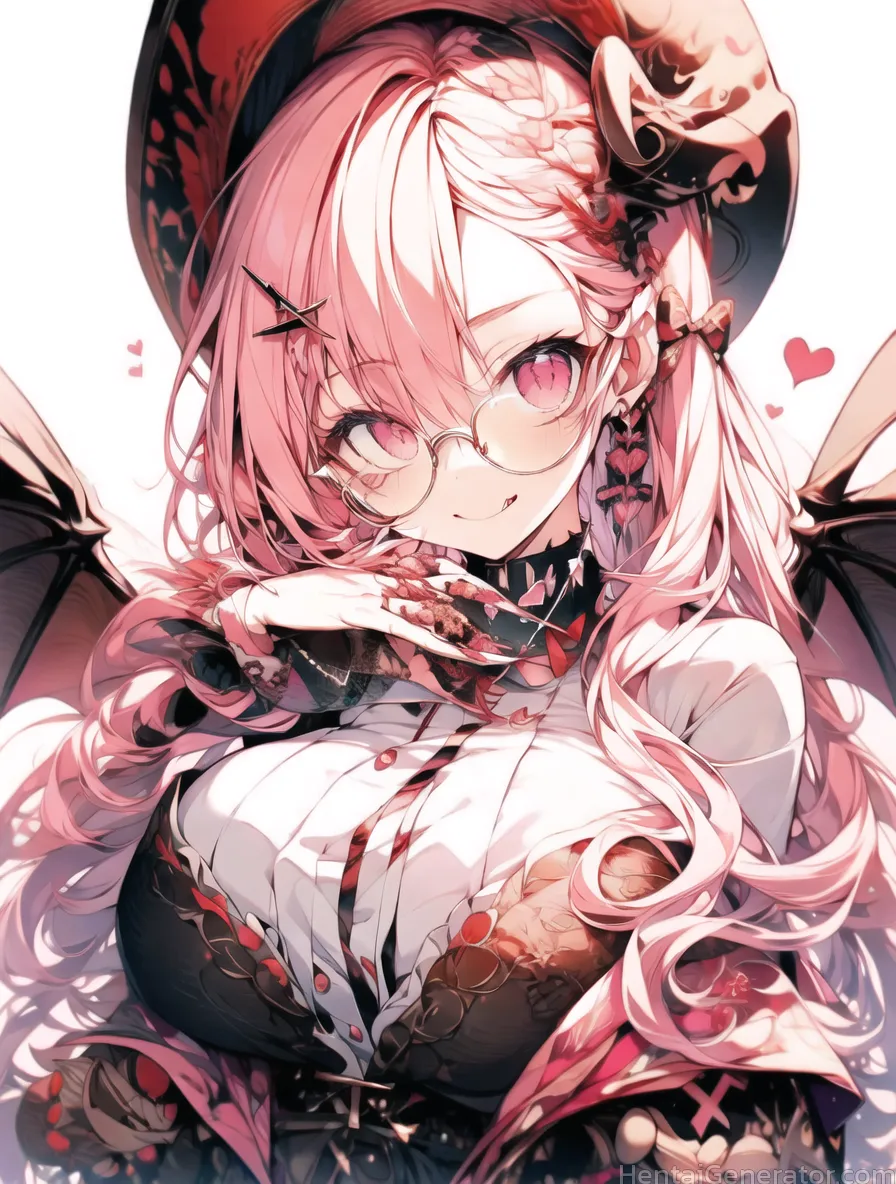  1girl bat wings black-framed eyewear black wings bra breasts demon girl demon tail demon wings glasses gloves hair ornament hat heart large breasts l