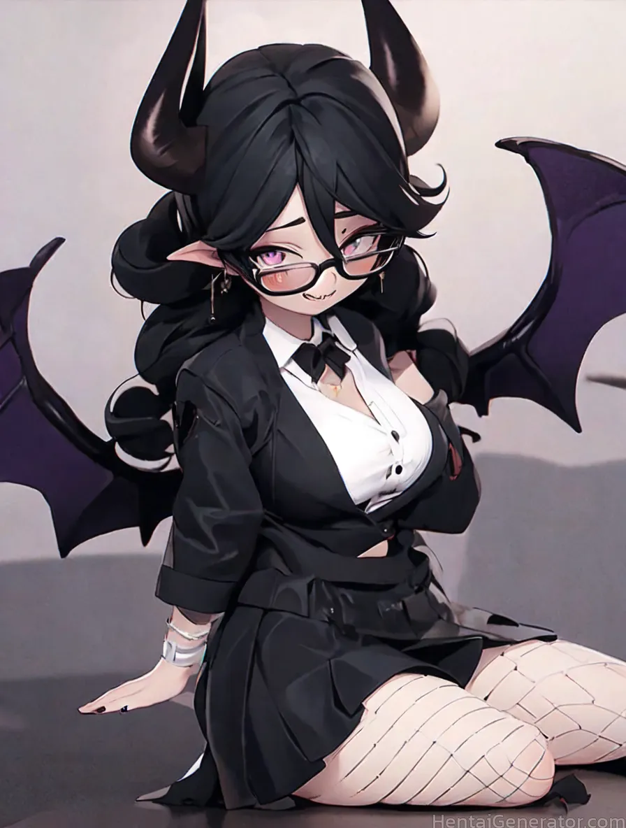  1girl bat wings black hair black nails black skirt black wings bow breasts cleavage demon girl demon horns demon tail demon wings dragon wings fishne