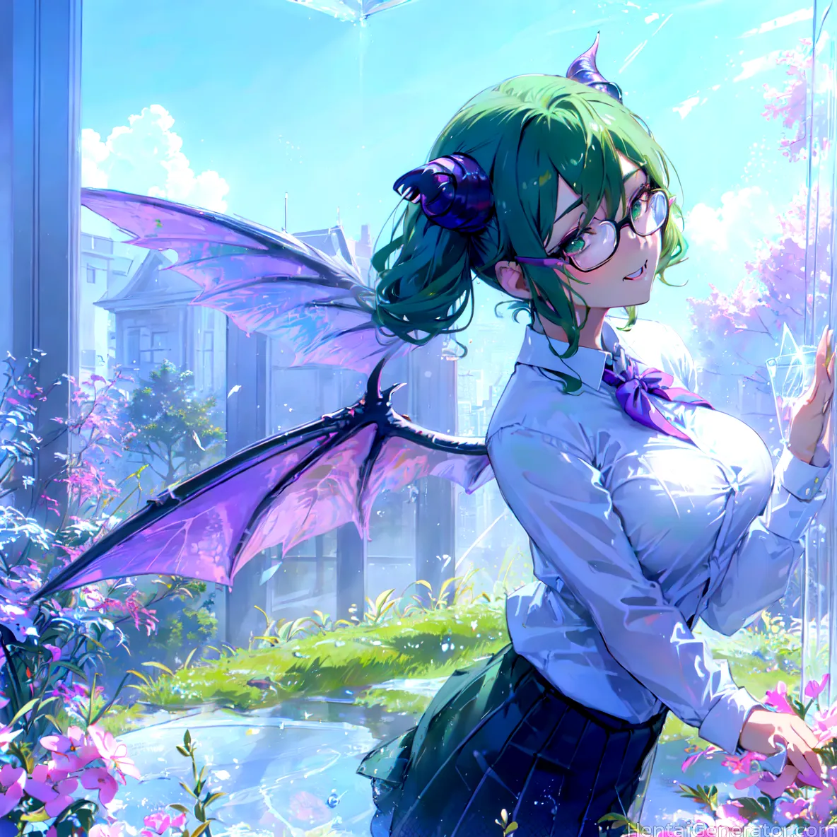  1girl bat wings blue flower blue skirt branch breasts collared shirt demon girl demon horns demon tail demon wings dragon wings flower garden glasses