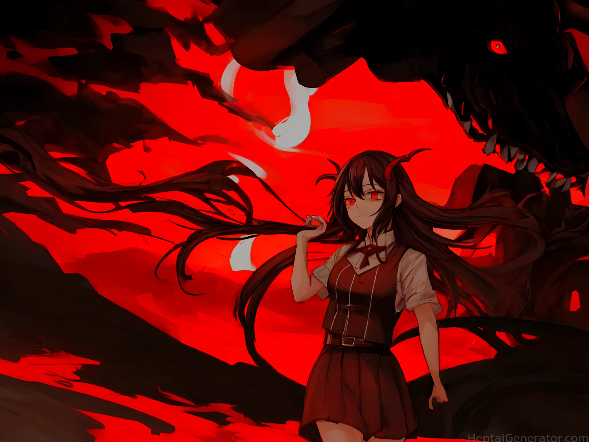  1girl belt belt buckle black hair fire floating hair glowing glowing eyes horns long hair looking at viewer red background red eyes red moon red sky 